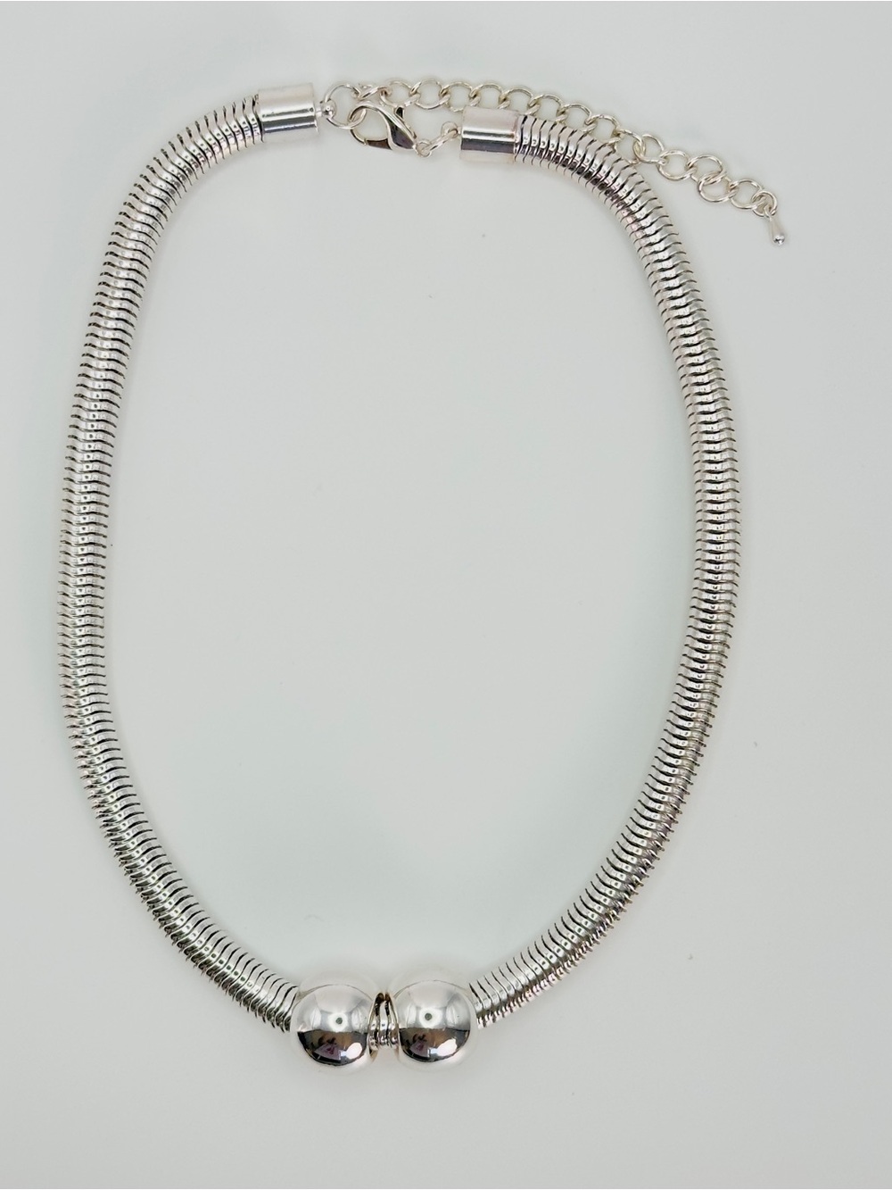 Polished Silver-Tone Snake Chain Necklace with Dual Spheres 17-20 in